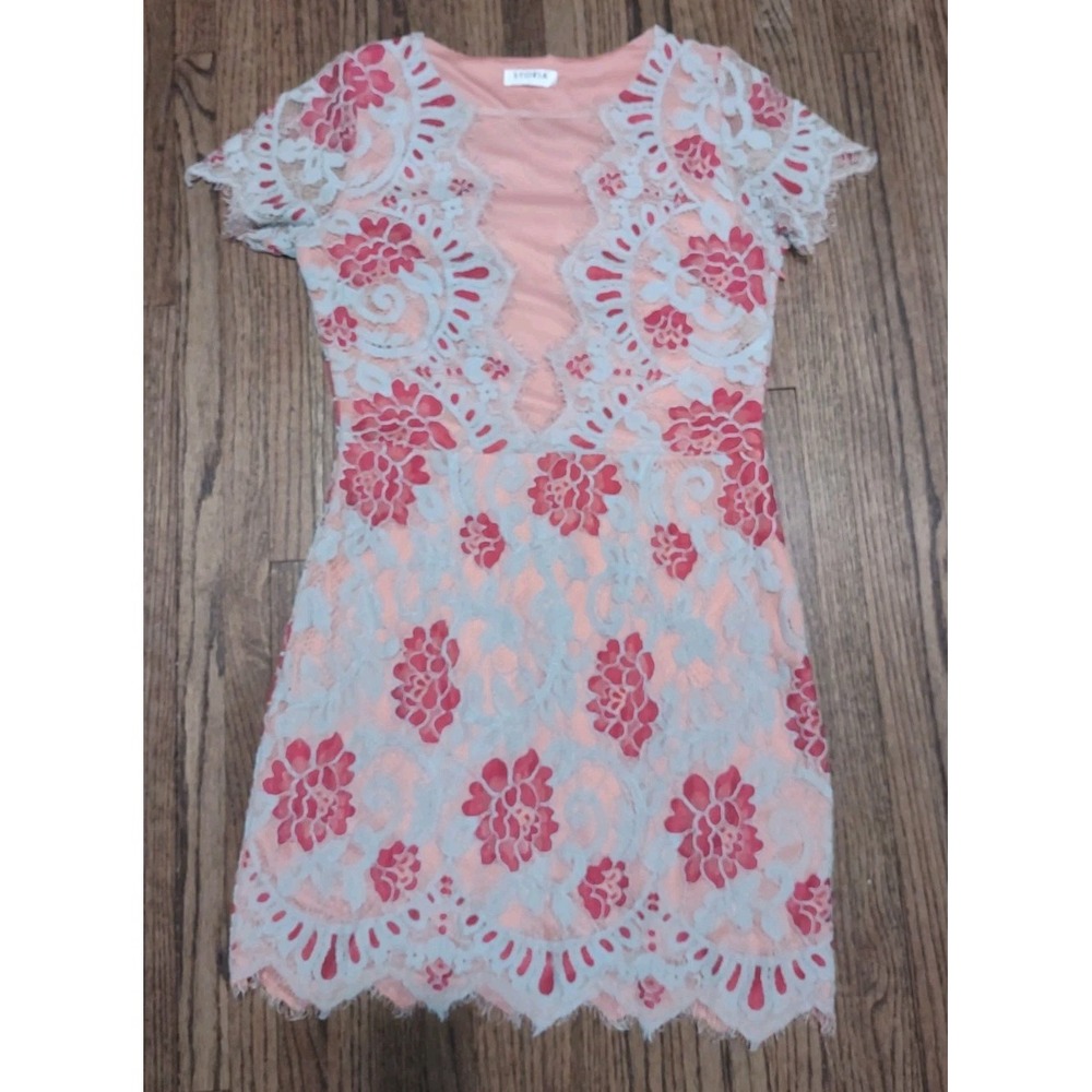 STORIA Women Large Coral Pink Light Blue Floral Eyelash Lace Mini Dress Bodycon